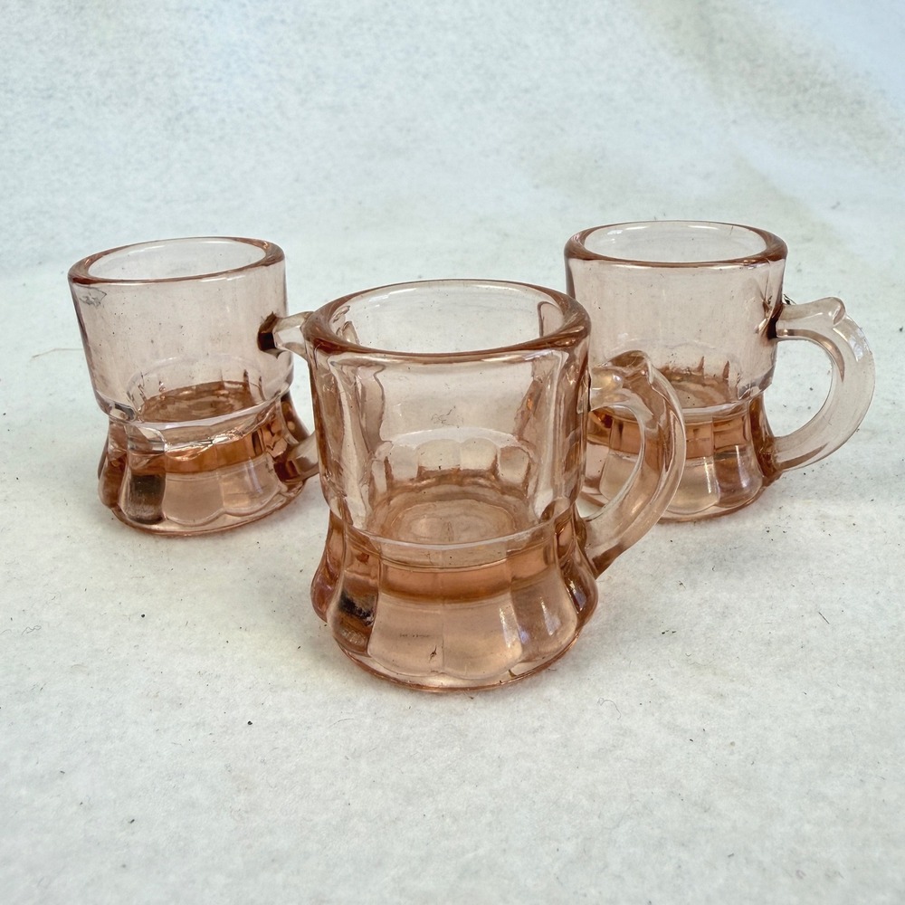 Vintage Style Mini Mug Shot Glasses Set of 3 Paneled Glass Pink 2 Inch